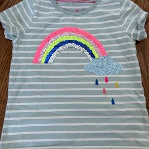 Mini Boden blue striped rainbow flip sequin t-shirt Size 5 -6 y
